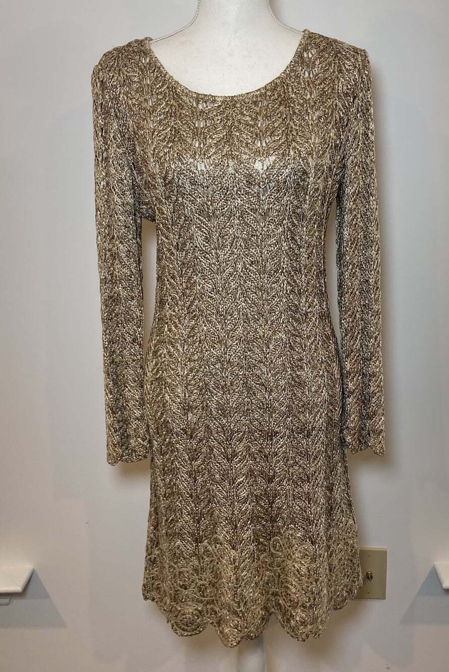 St. John Evening Knit Dress Embroidery Holiday Party Gold Metalic 10